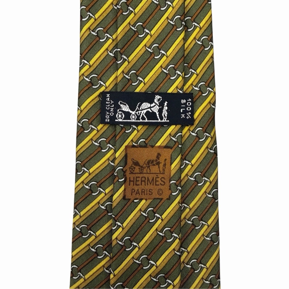 Hermes Tie Chain Links Striped Green/Yellow Silk 988 SA 3 1/8" (W) x 58.25" (L)